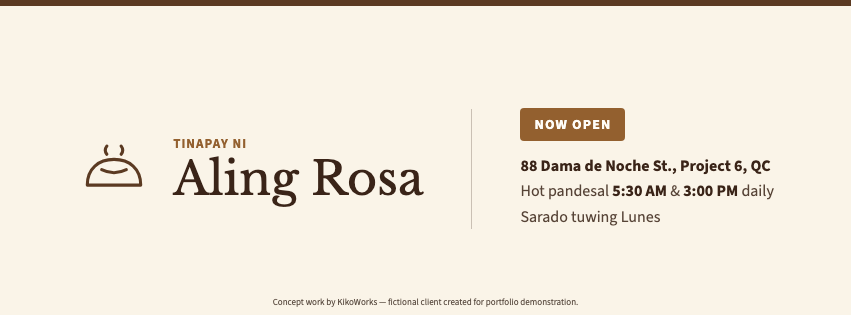 Aling Rosa Facebook cover photo with wordmark and opening date