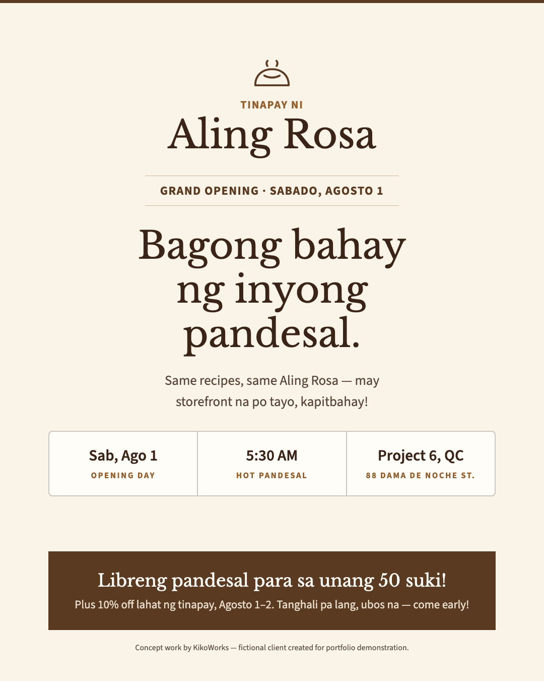 Aling Rosa opening-day Facebook post, cream and golden bakery design with scalloped awning