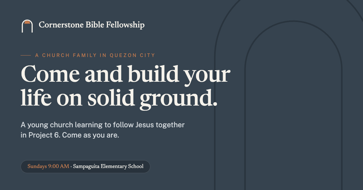 Cornerstone social-share preview card: church name, tagline, and service time on a stone-and-clay background