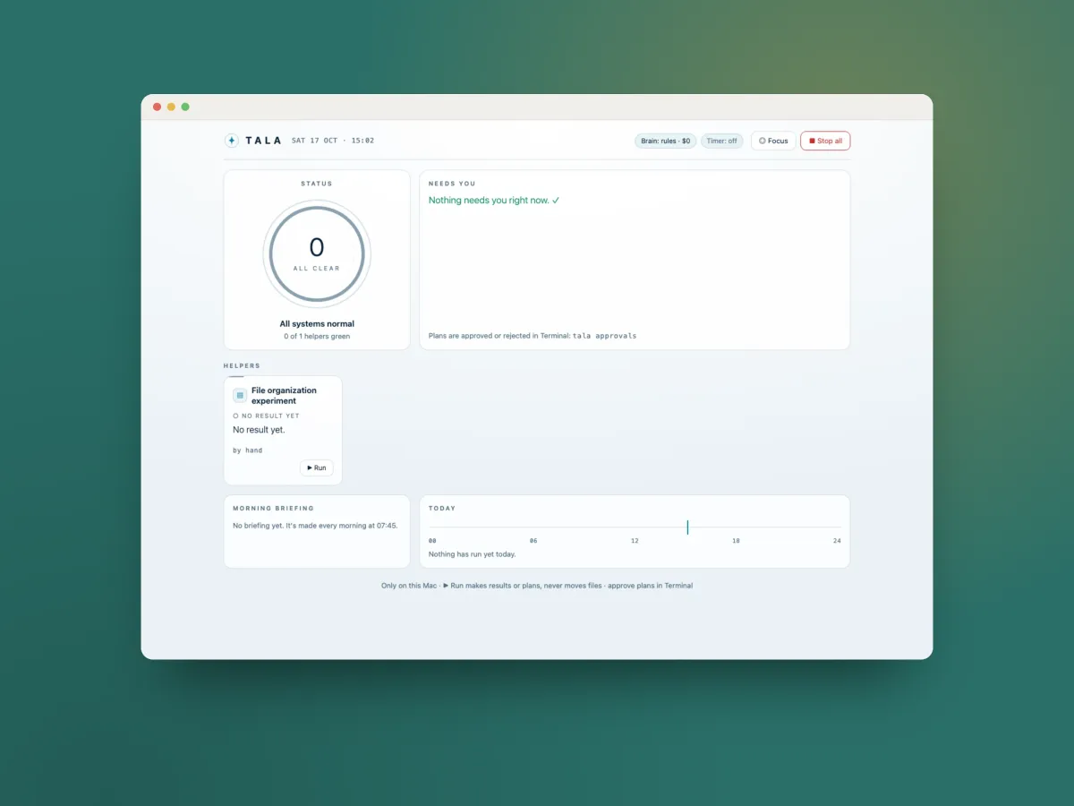 Tala's status screen: a ring reading 0, all clear, a Needs you panel saying nothing needs you right now, and helper cards for the website check, email digest, and Downloads reports, each with a Run button.